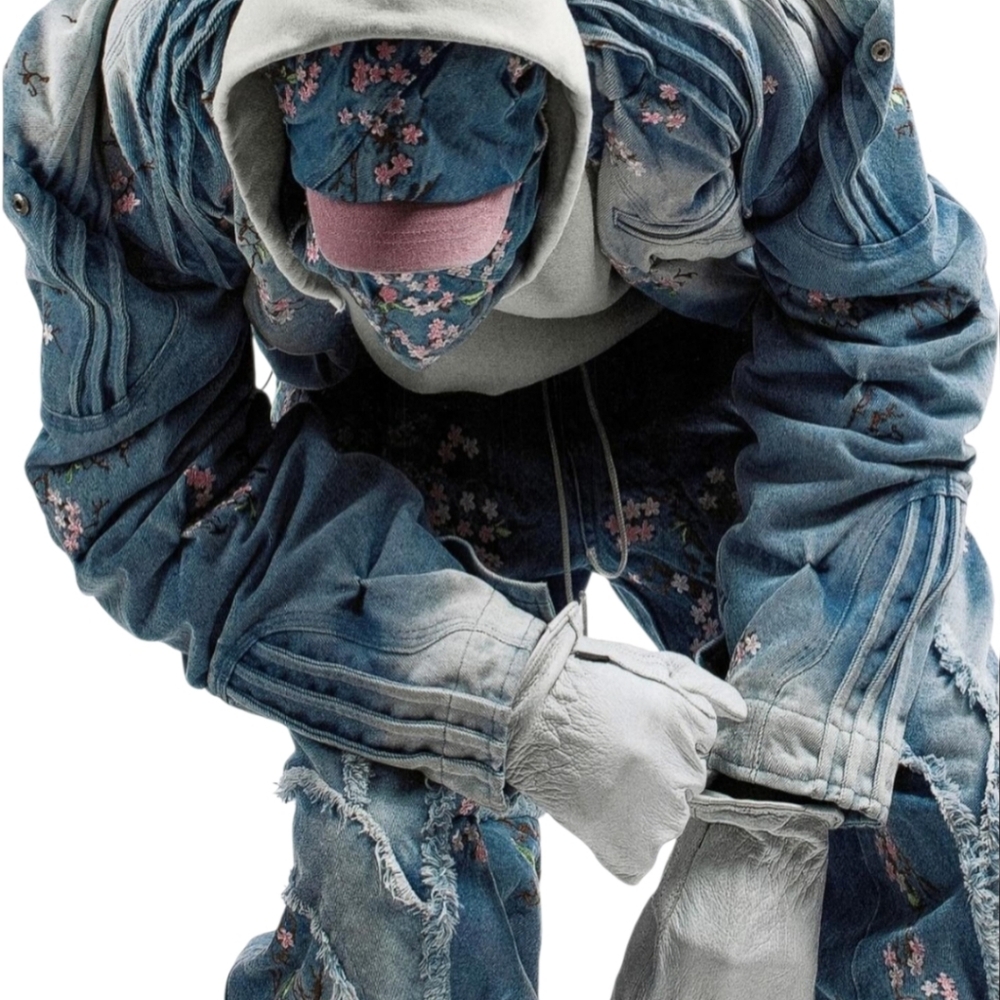 CHERRY BLOSSOM DENIM RACER JACKET BY BAD SON Medium UNISEX OVERSIZED COAT - Picture 8 of 10